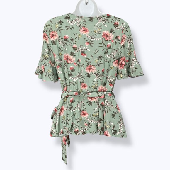 LOFT Wrap Top Floral Petite Medium‎ Tie Short Sleeve Flutter Rayon Spring Blouse - Picture 4 of 14